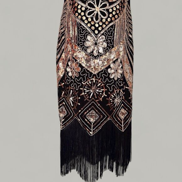 Retro Flapper Dress L Sequin Showgirl Black Fringe Roaring 20s Gatsby Burlesque - Picture 9 of 12